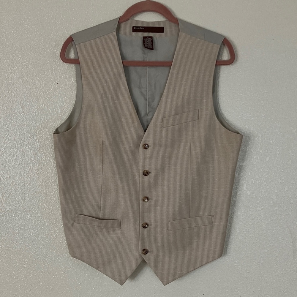 Perry Ellis Tan Pin Stripe Linen Blend Vest, M